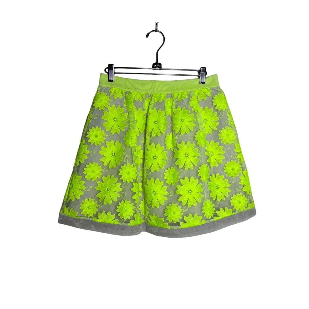 Karen Millen Size 6 Neon Yellow Sheer Floral Lined Mini Skirt Spring Summer